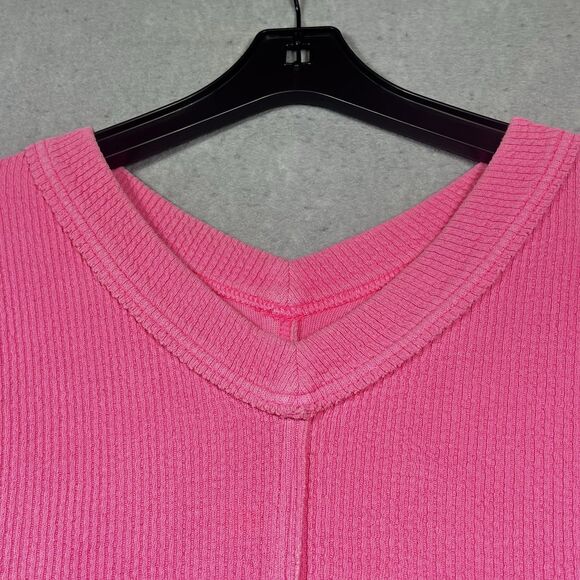 AERIE Sweater S Hot Pink Textured V-neck Oversized Ribbed Sweater Athlesiure - Picture 2 of 13